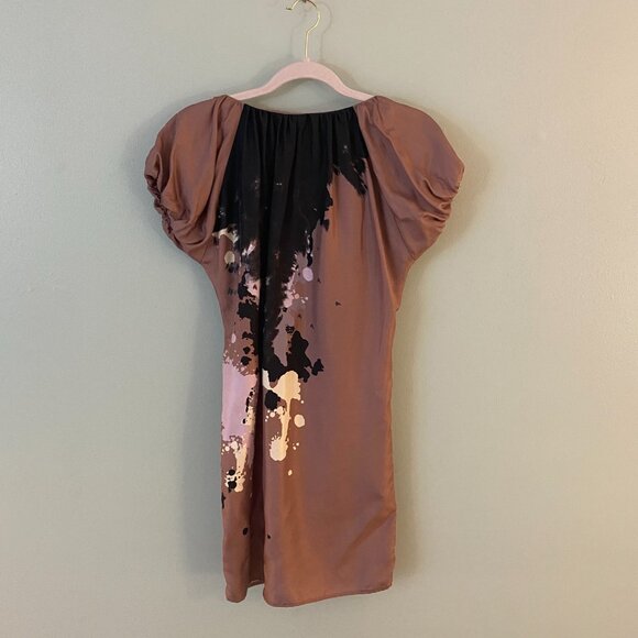 Alexander McQueen McQ paint splatter silk mini dress in Mocha - Picture 2 of 6